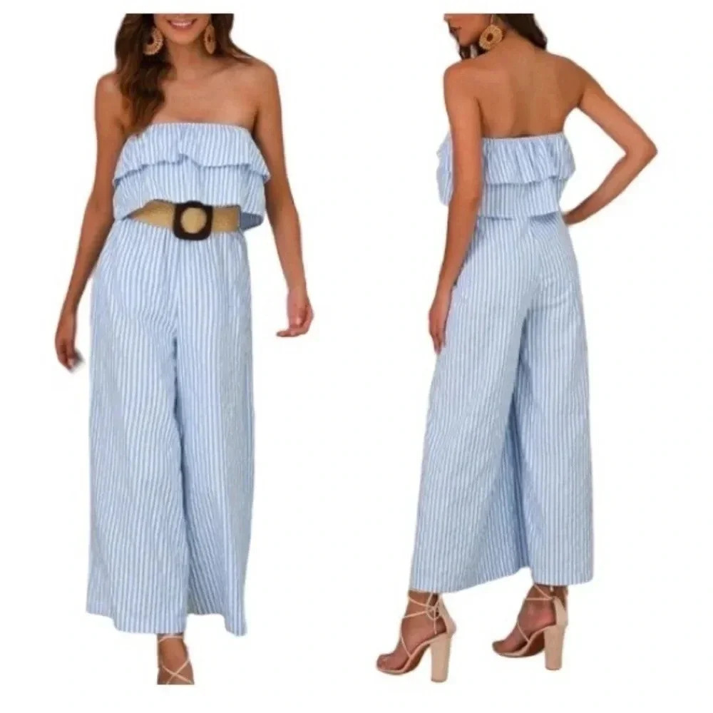 COEUR de VAGUE | Off Shoulder Ruffles Wide Leg Blue Stripe Jumpsuits Size M